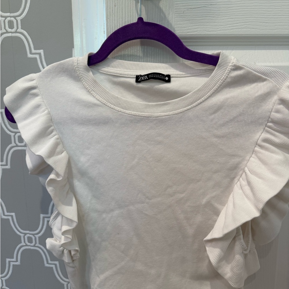 Zara White Ruffle Sleeve Tee
